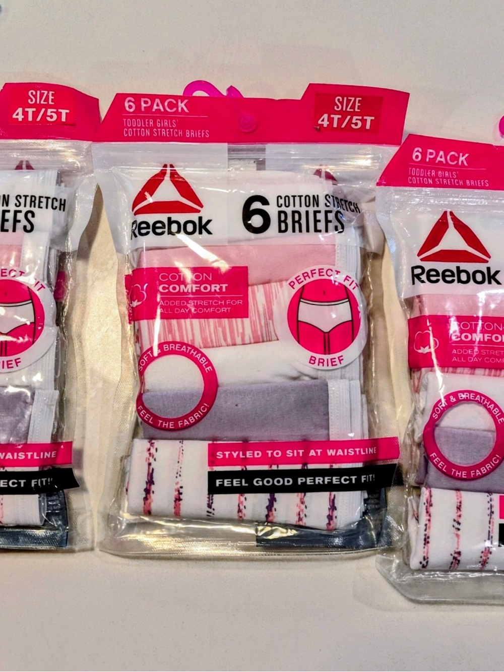 3- packReebok Girls' 6-Pack Cotton Stretch Briefs - Pink/Gray/White - Size 4T/5T